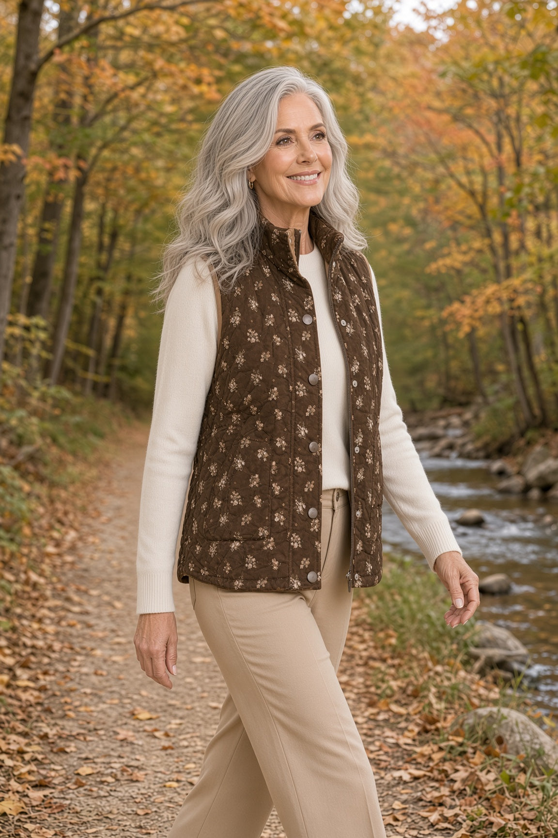 Blu Pepper Ditsy Floral Quilted Zip-Front Vest – Brown