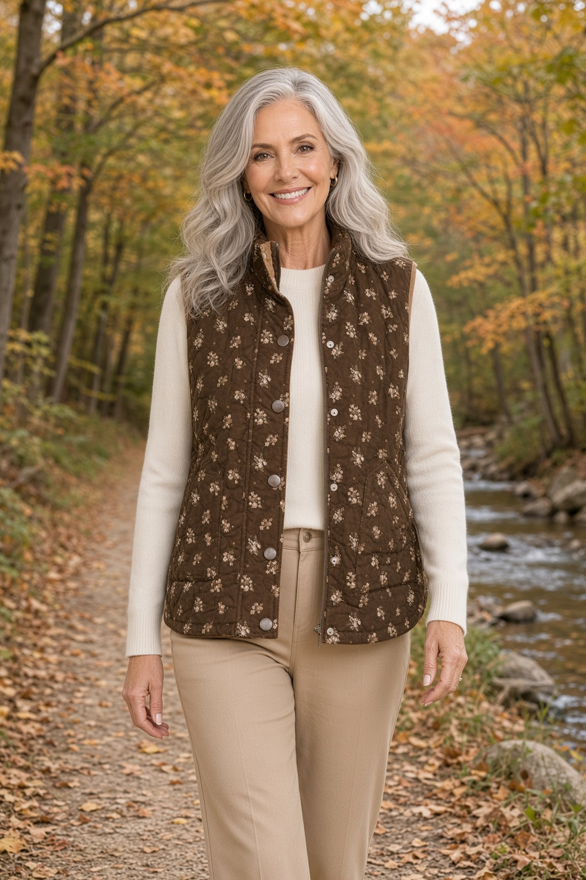 Blu Pepper Ditsy Floral Quilted Zip-Front Vest – Brown
