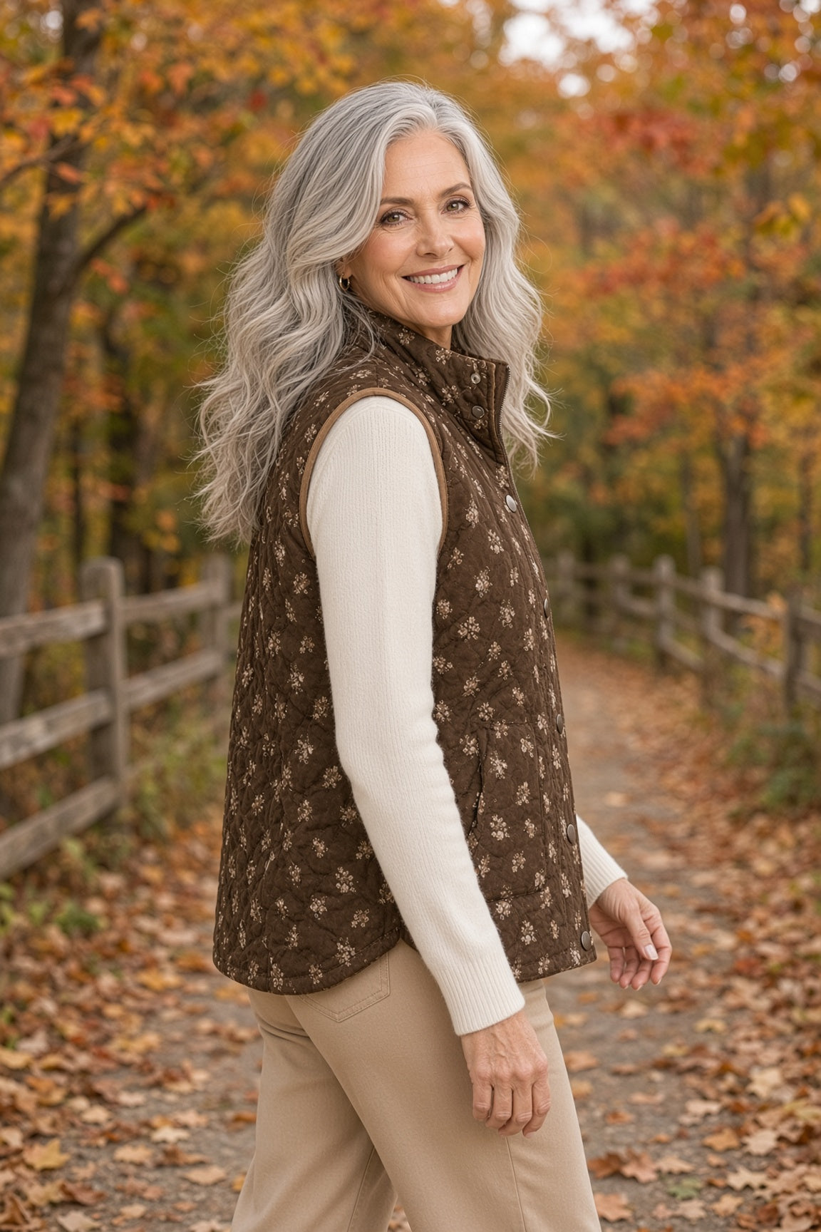 Blu Pepper Ditsy Floral Quilted Zip-Front Vest – Brown