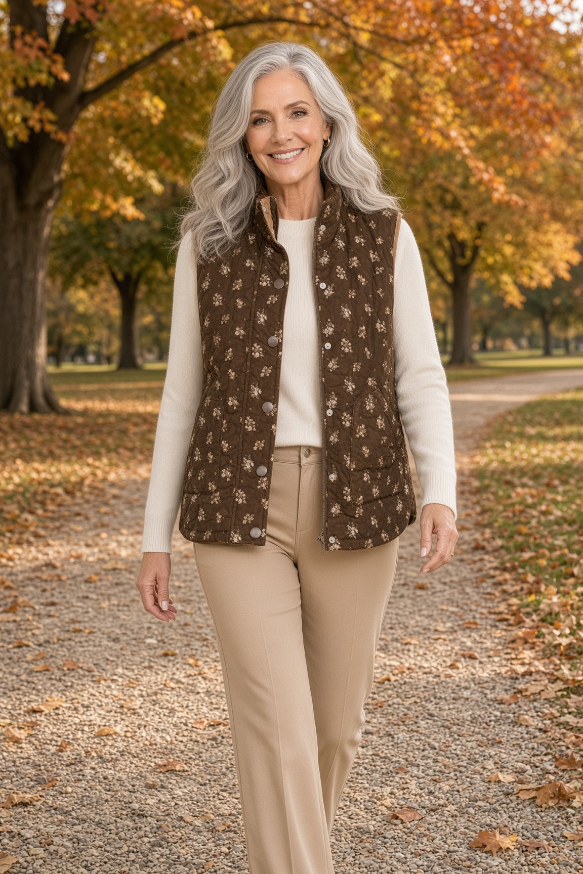 Blu Pepper Ditsy Floral Quilted Zip-Front Vest – Brown