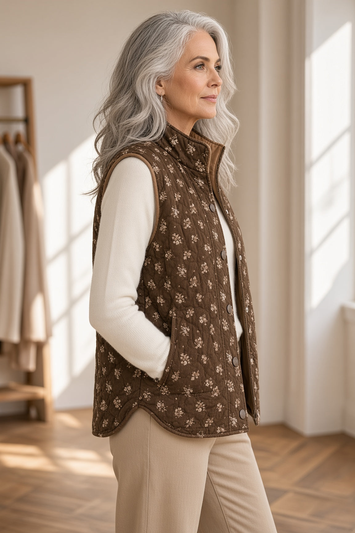 Blu Pepper Ditsy Floral Quilted Zip-Front Vest – Brown