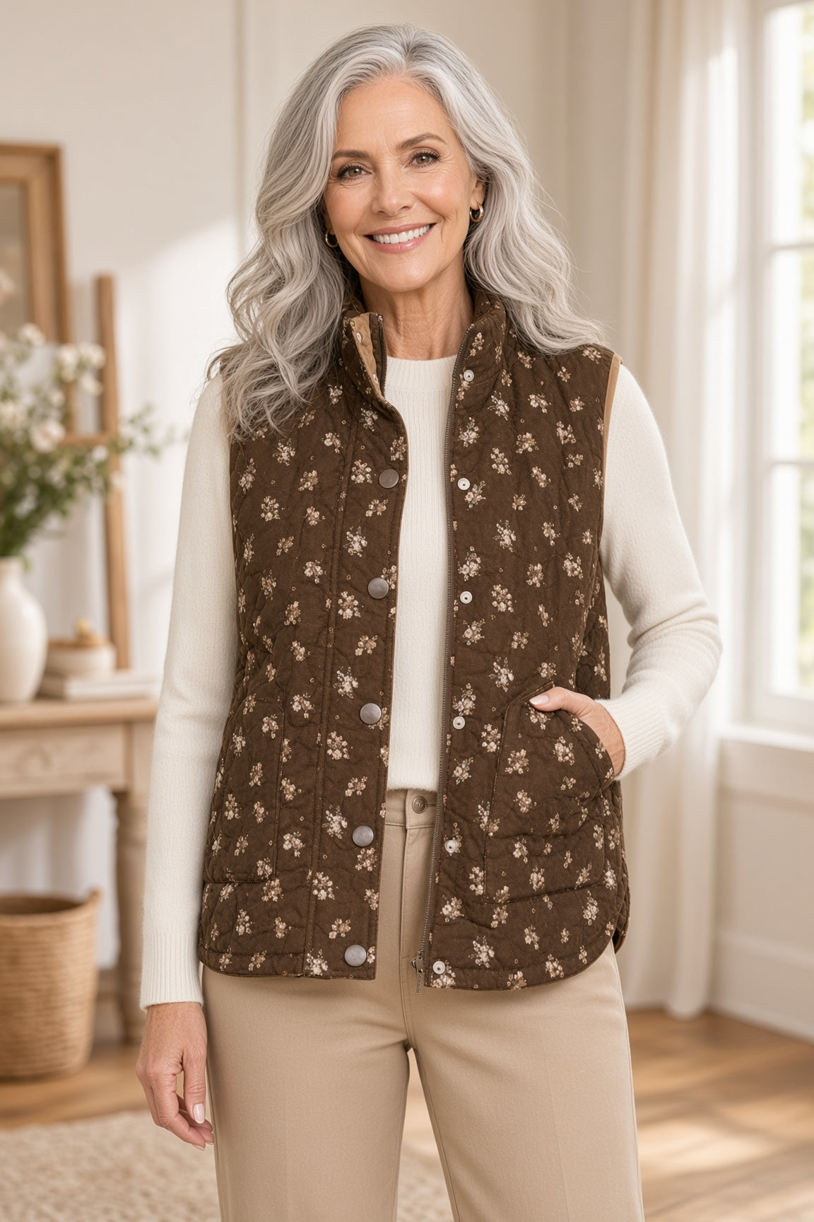 Blu Pepper Ditsy Floral Quilted Zip-Front Vest – Brown