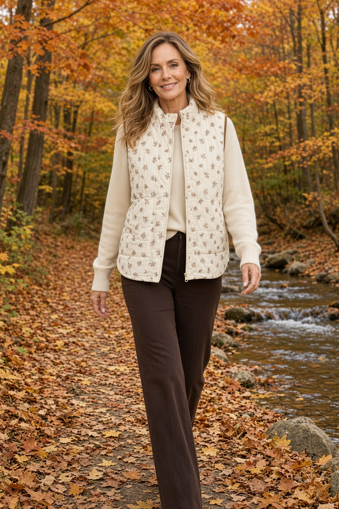 Blu Pepper Ditsy Floral Quilted Zip-Front Vest – Cream