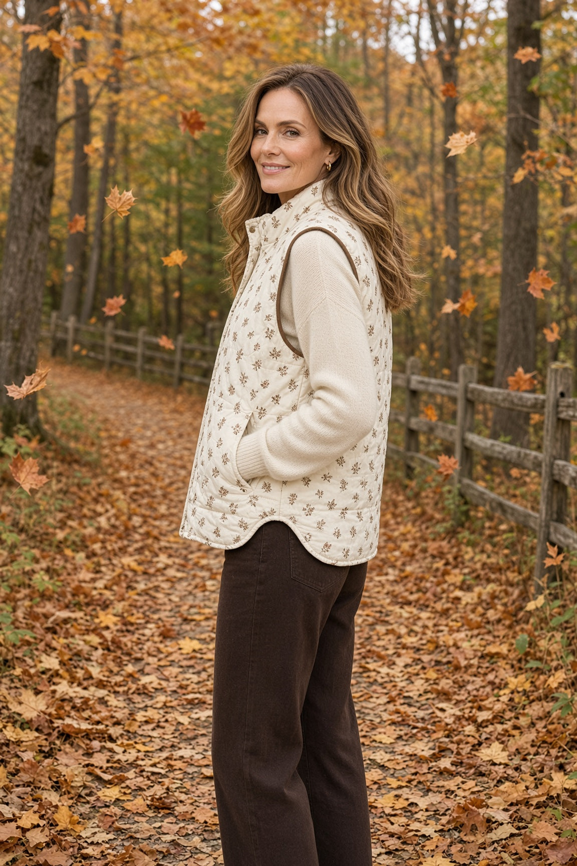 Blu Pepper Ditsy Floral Quilted Zip-Front Vest – Cream
