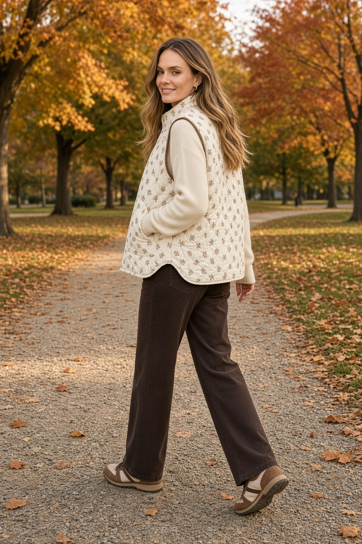 Blu Pepper Ditsy Floral Quilted Zip-Front Vest – Cream