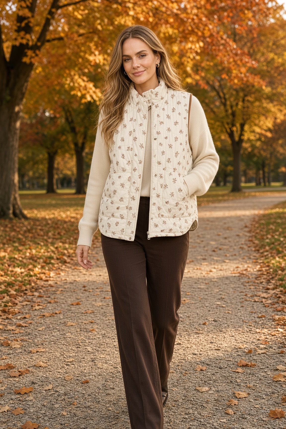 Blu Pepper Ditsy Floral Quilted Zip-Front Vest – Cream