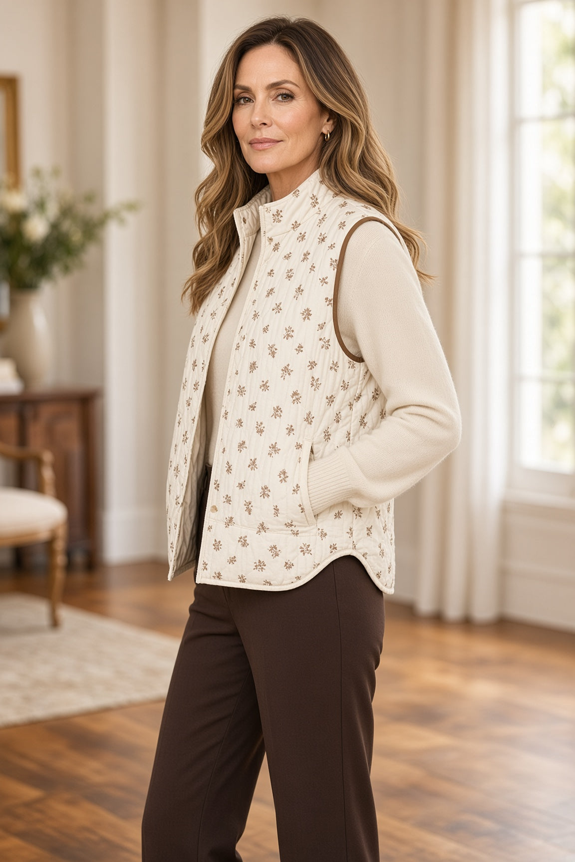 Blu Pepper Ditsy Floral Quilted Zip-Front Vest – Cream