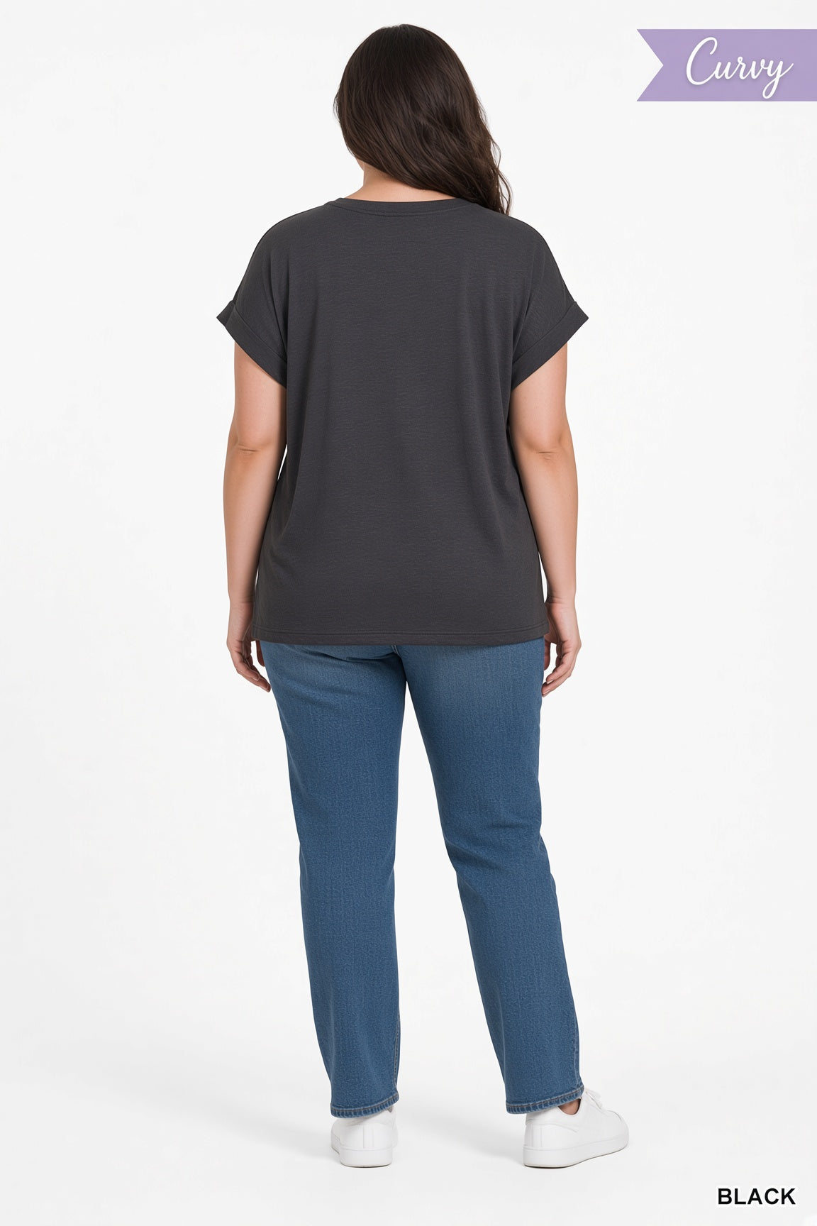 Zenana Plus Cotton Modal Slub Rolled Sleeve Tee in Black