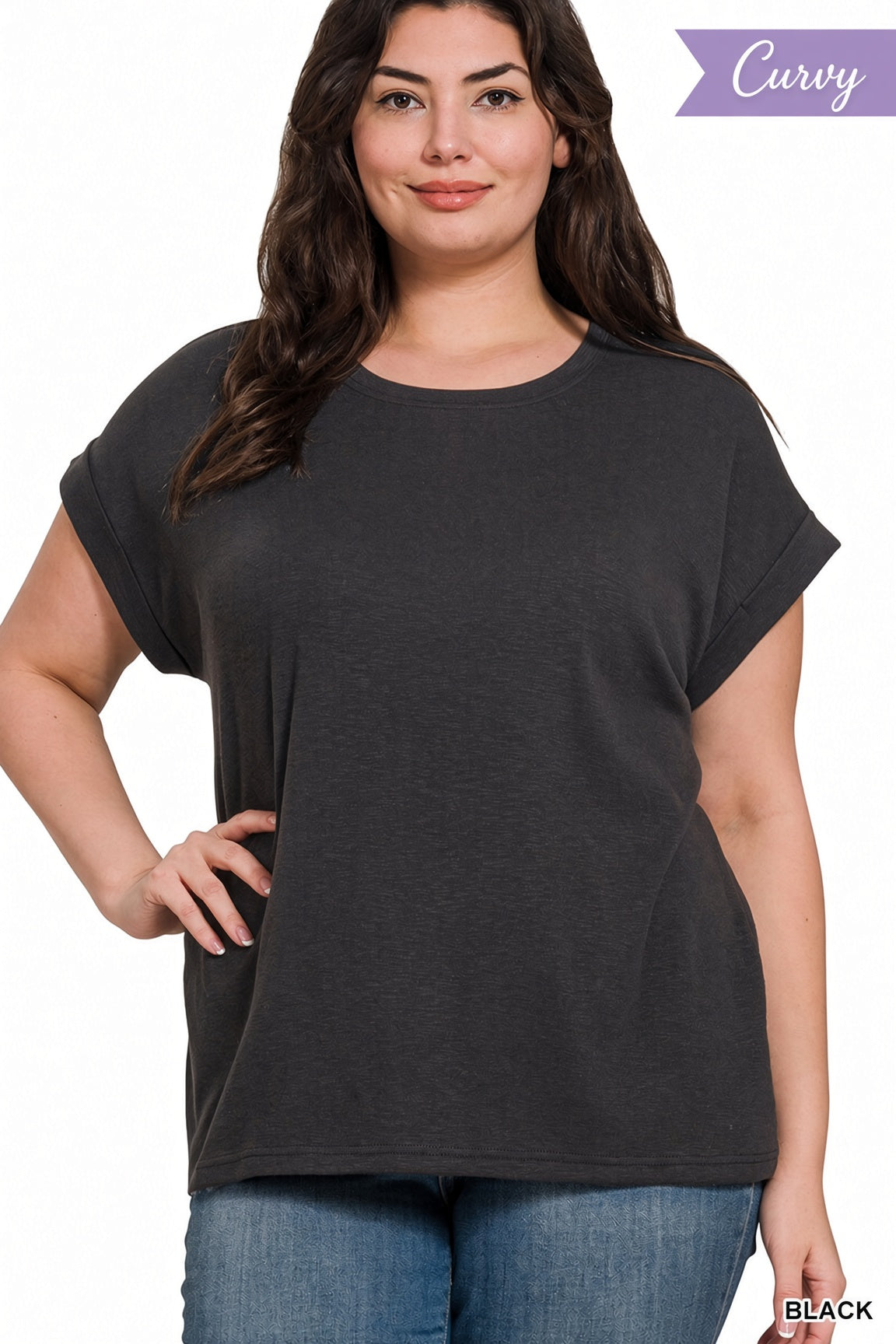 Zenana Plus Cotton Modal Slub Rolled Sleeve Tee in Black