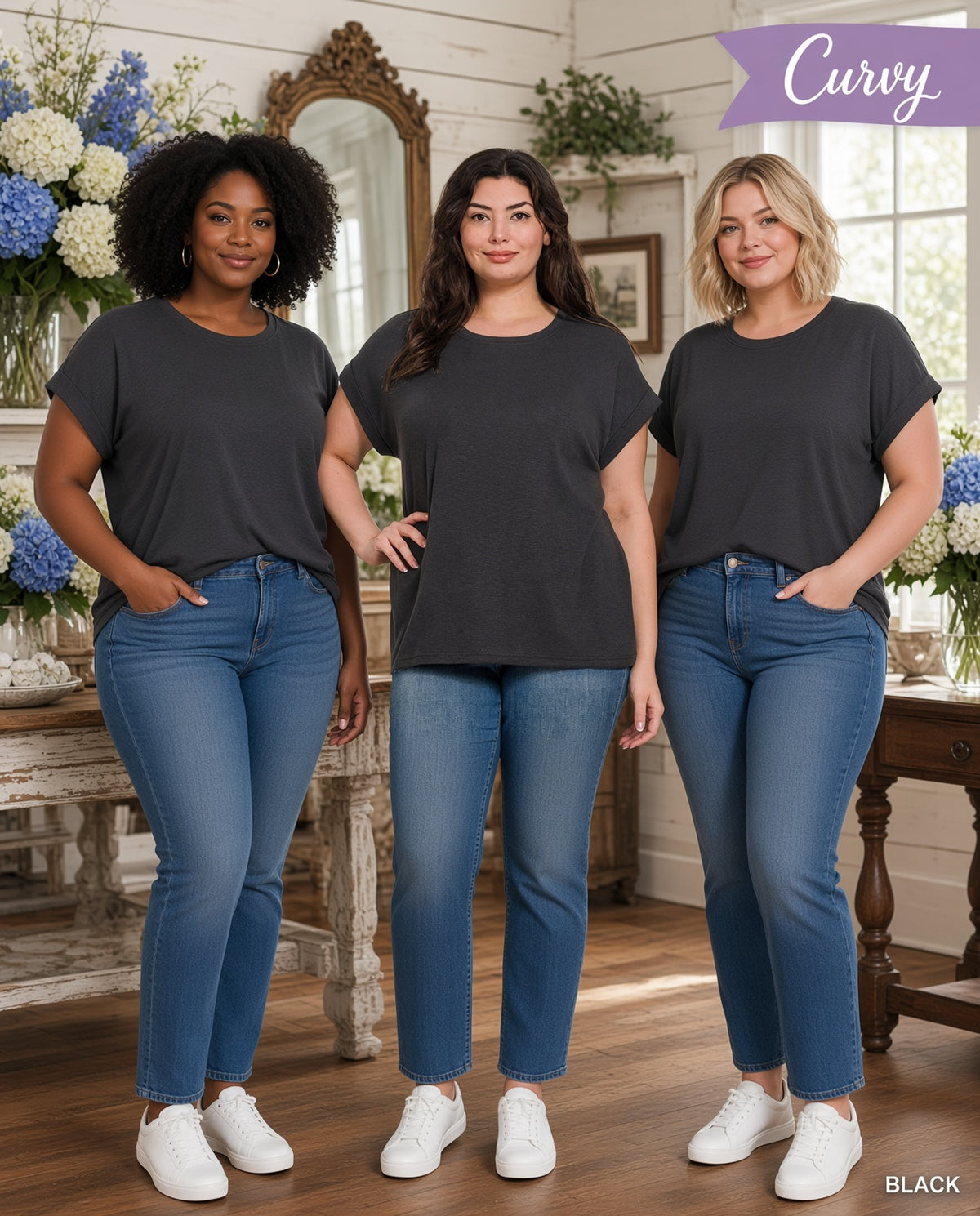 Zenana Plus Cotton Modal Slub Rolled Sleeve Tee in Black