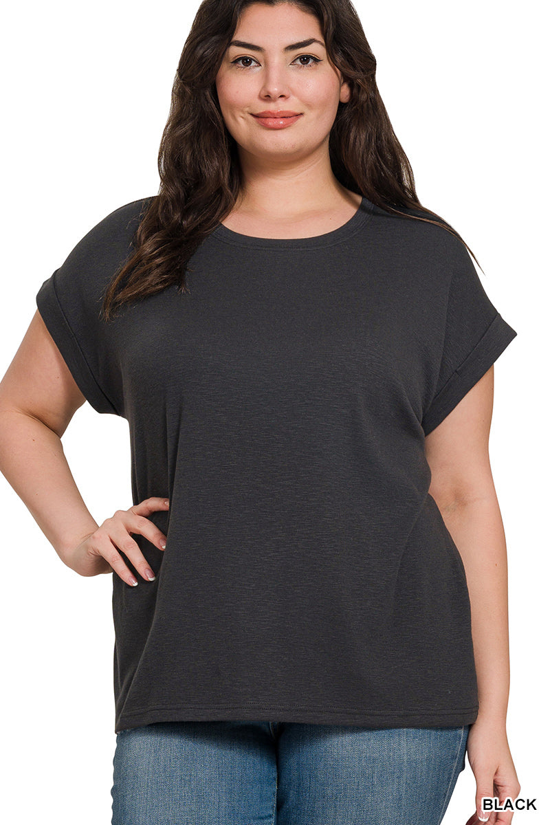 Zenana Plus Cotton Modal Slub Rolled Sleeve Tee in Black