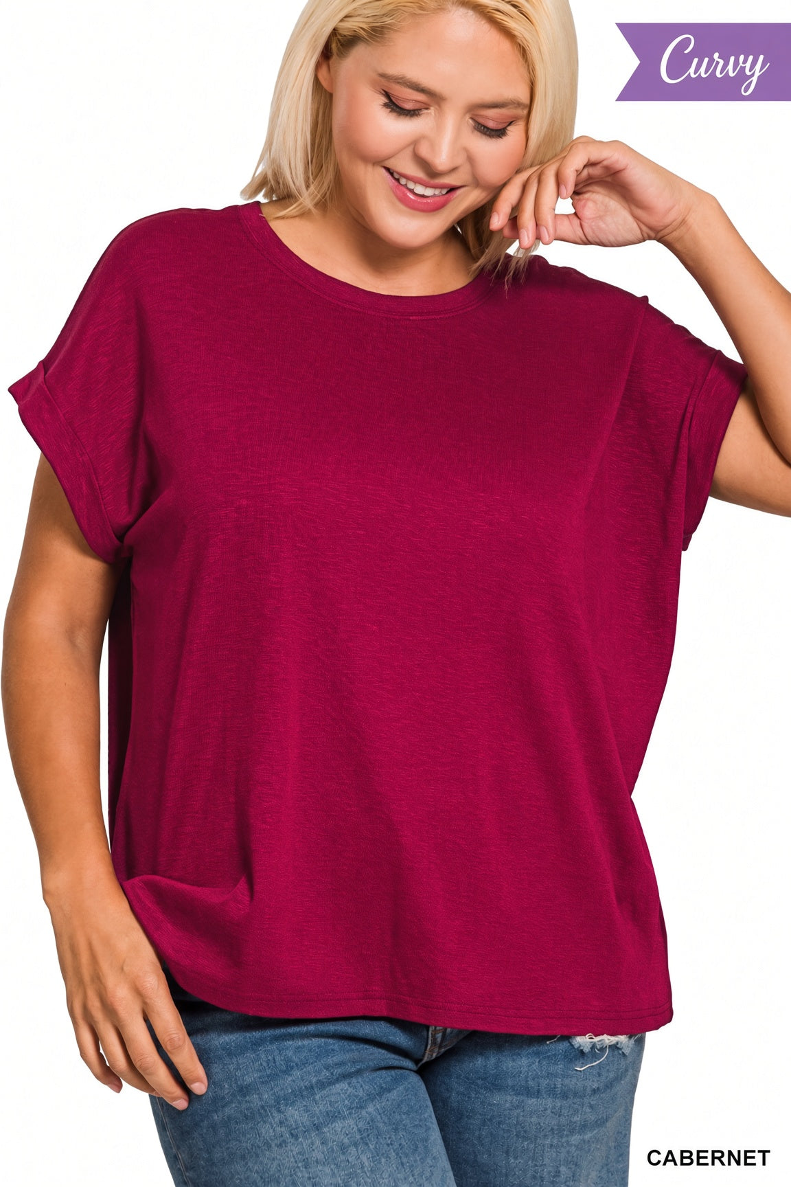 Zenana Plus Cotton Modal Slub Rolled Sleeve Tee in Cabernet