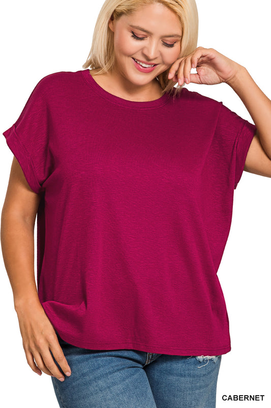 Zenana Plus Cotton Modal Slub Rolled Sleeve Tee in Cabernet