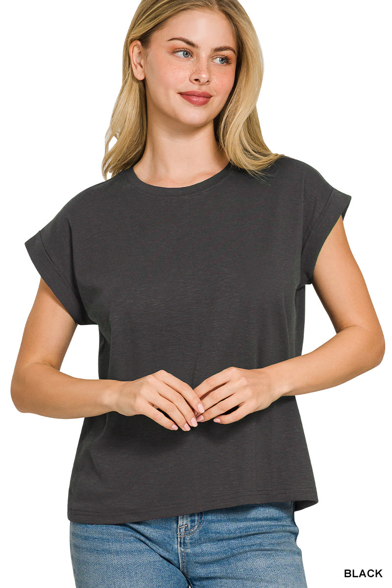 Zenana Cotton Modal Rolled Sleeve Tee in Black