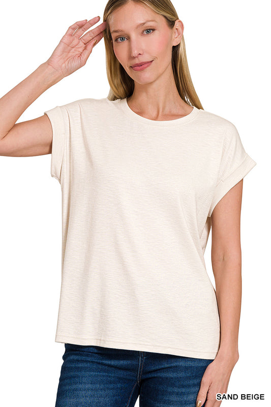 Zenana Cotton Modal Rolled Sleeve Tee in Sand Beige