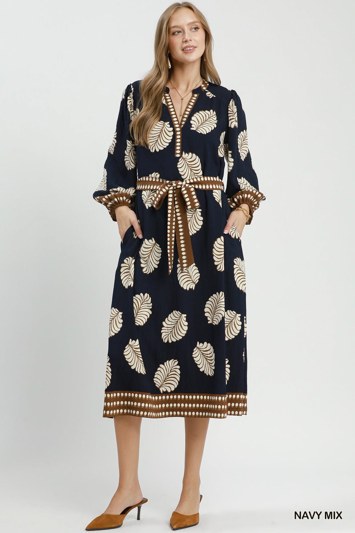 Umgee Mixed Leaf-Print Midi Dress – Navy Mix