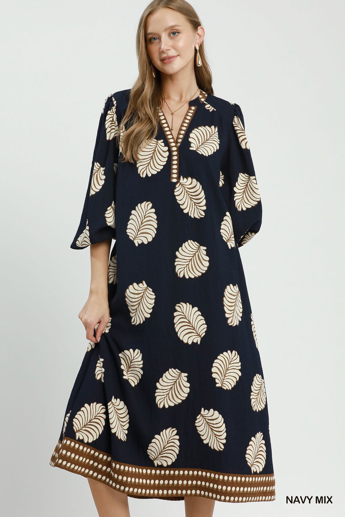 Umgee Mixed Leaf-Print Midi Dress – Navy Mix