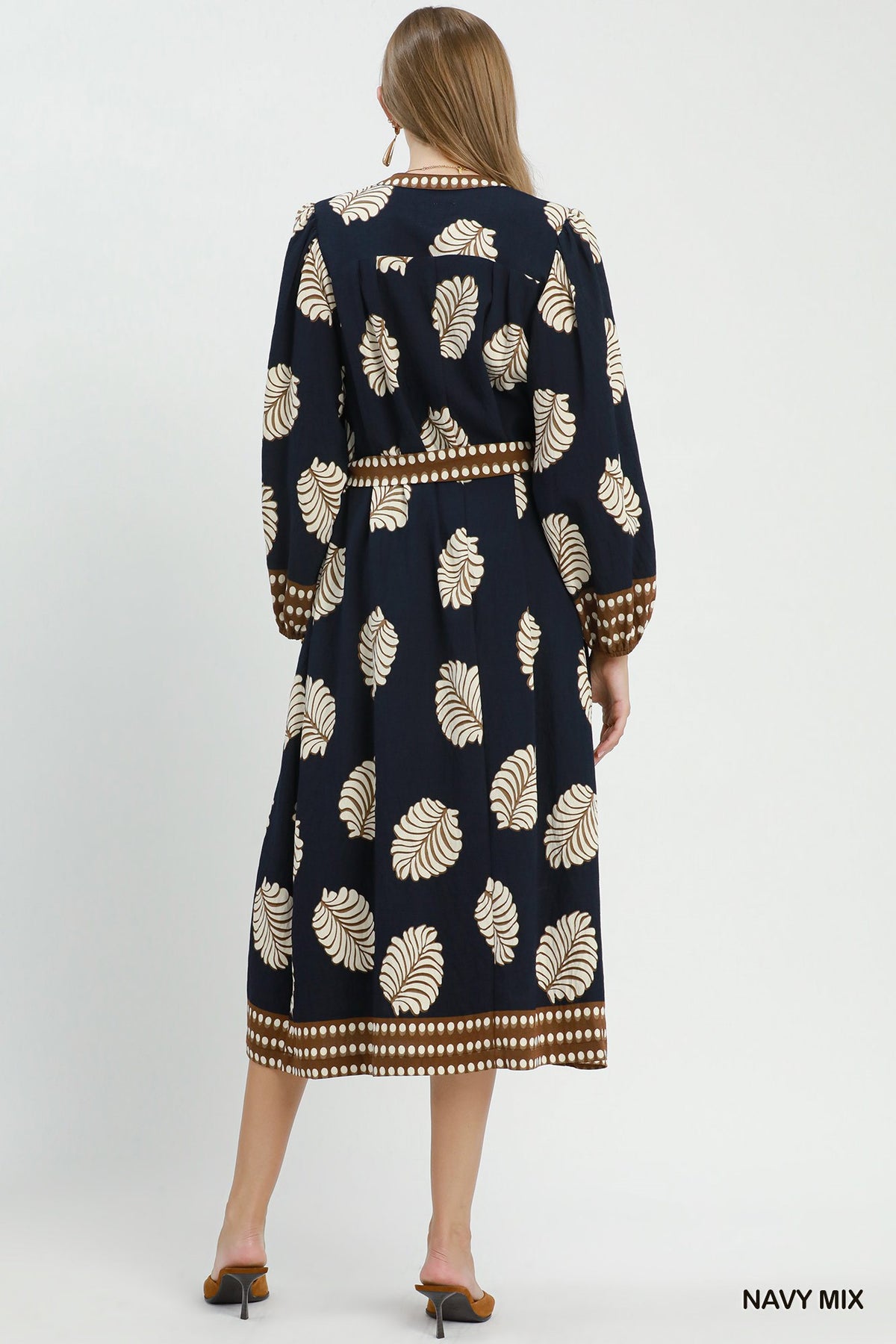Umgee Mixed Leaf-Print Midi Dress – Navy Mix