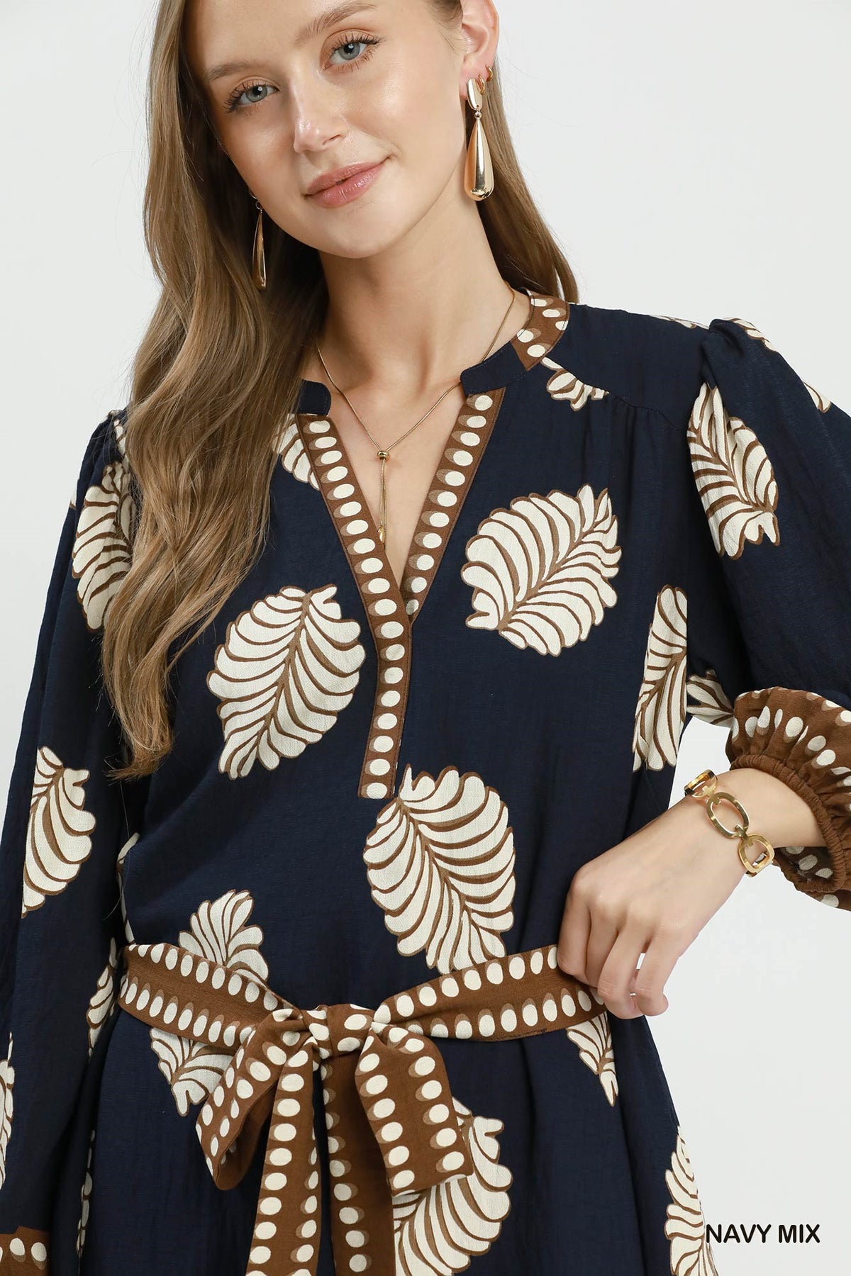 Umgee Mixed Leaf-Print Midi Dress – Navy Mix