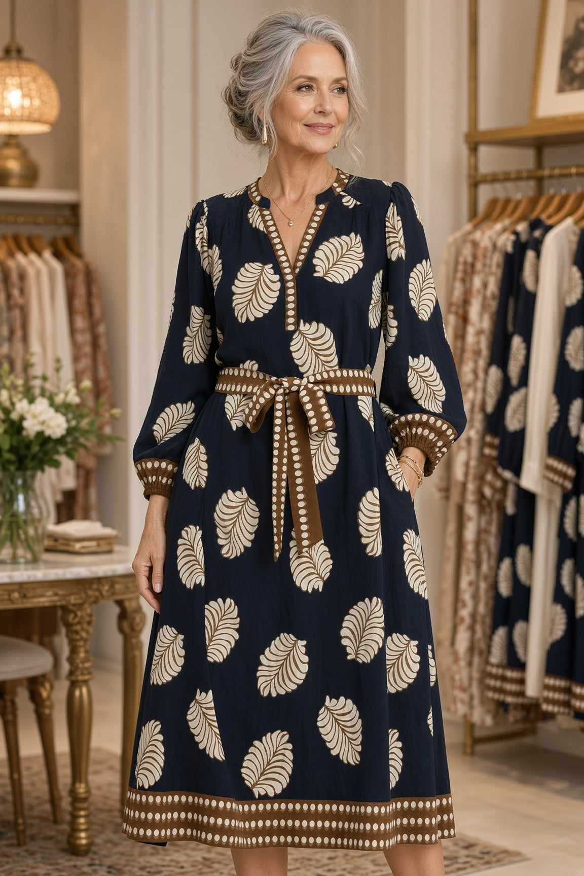 Umgee Mixed Leaf-Print Midi Dress – Navy Mix