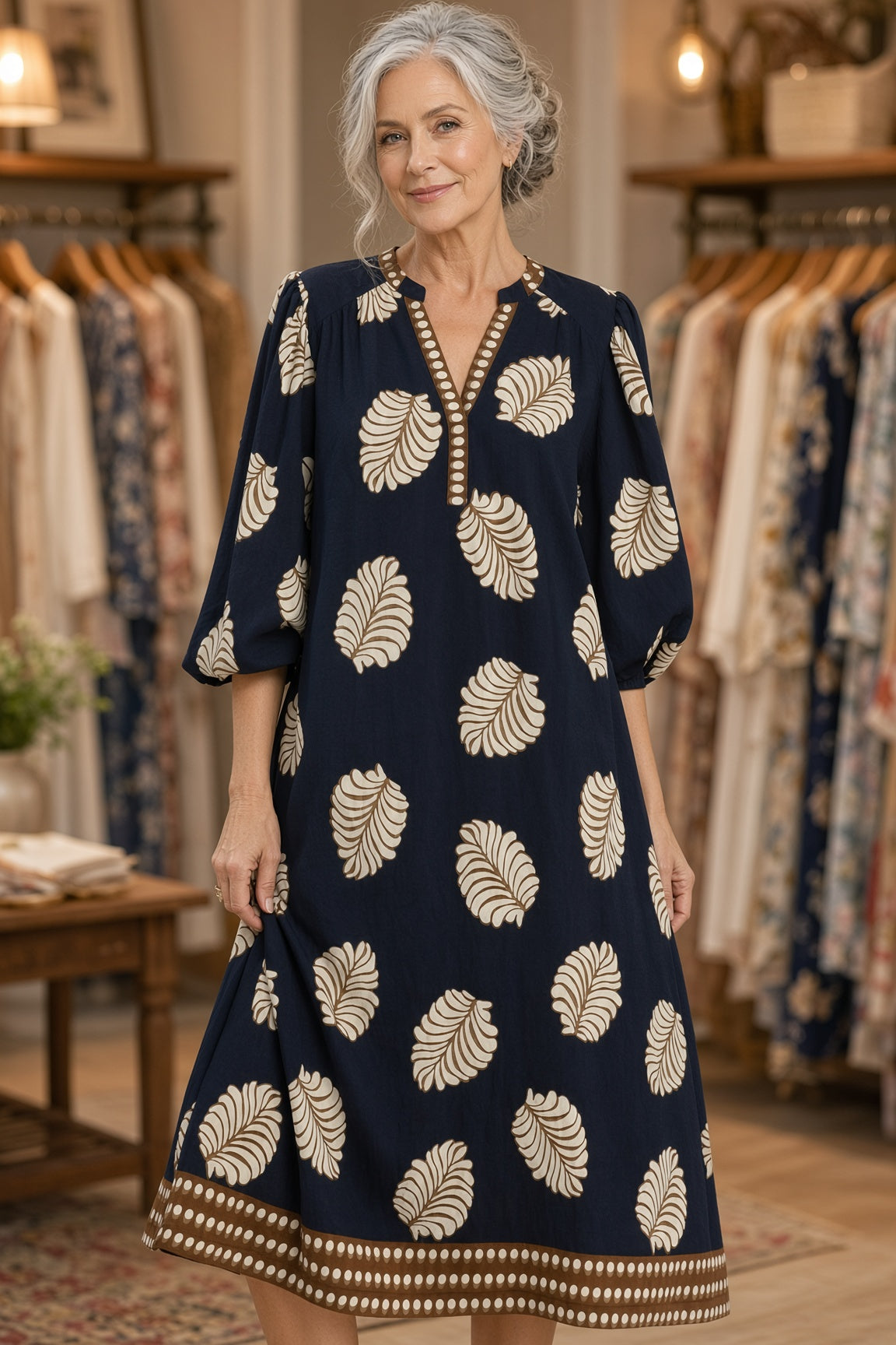 Umgee Mixed Leaf-Print Midi Dress – Navy Mix
