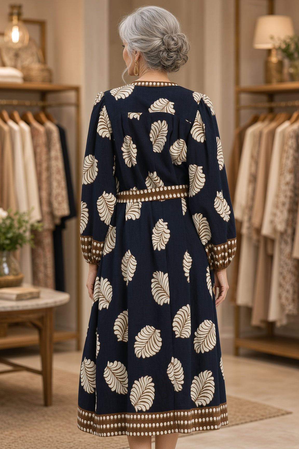 Umgee Mixed Leaf-Print Midi Dress – Navy Mix