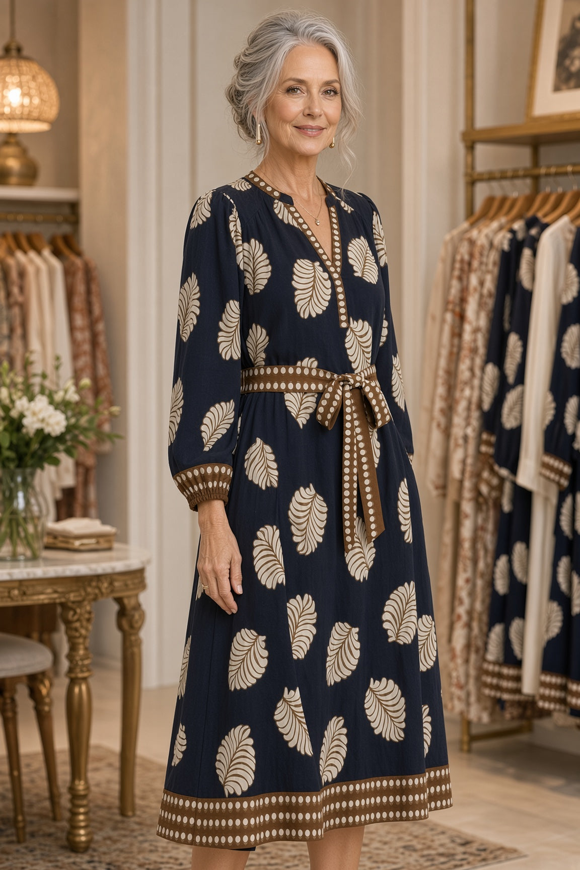 Umgee Mixed Leaf-Print Midi Dress – Navy Mix