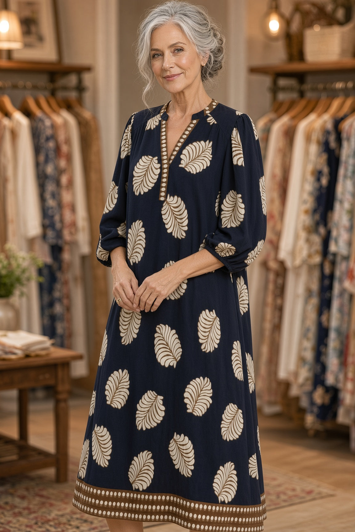 Umgee Mixed Leaf-Print Midi Dress – Navy Mix