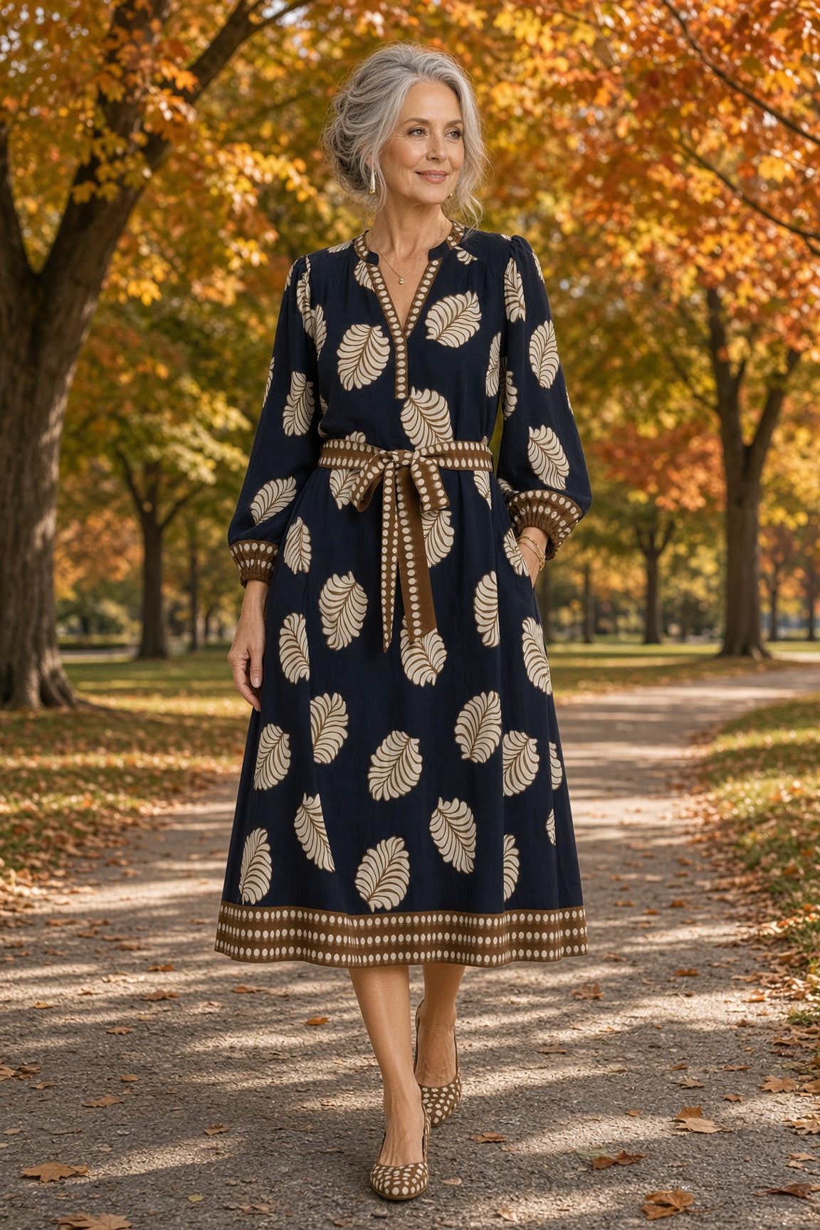 Umgee Mixed Leaf-Print Midi Dress – Navy Mix