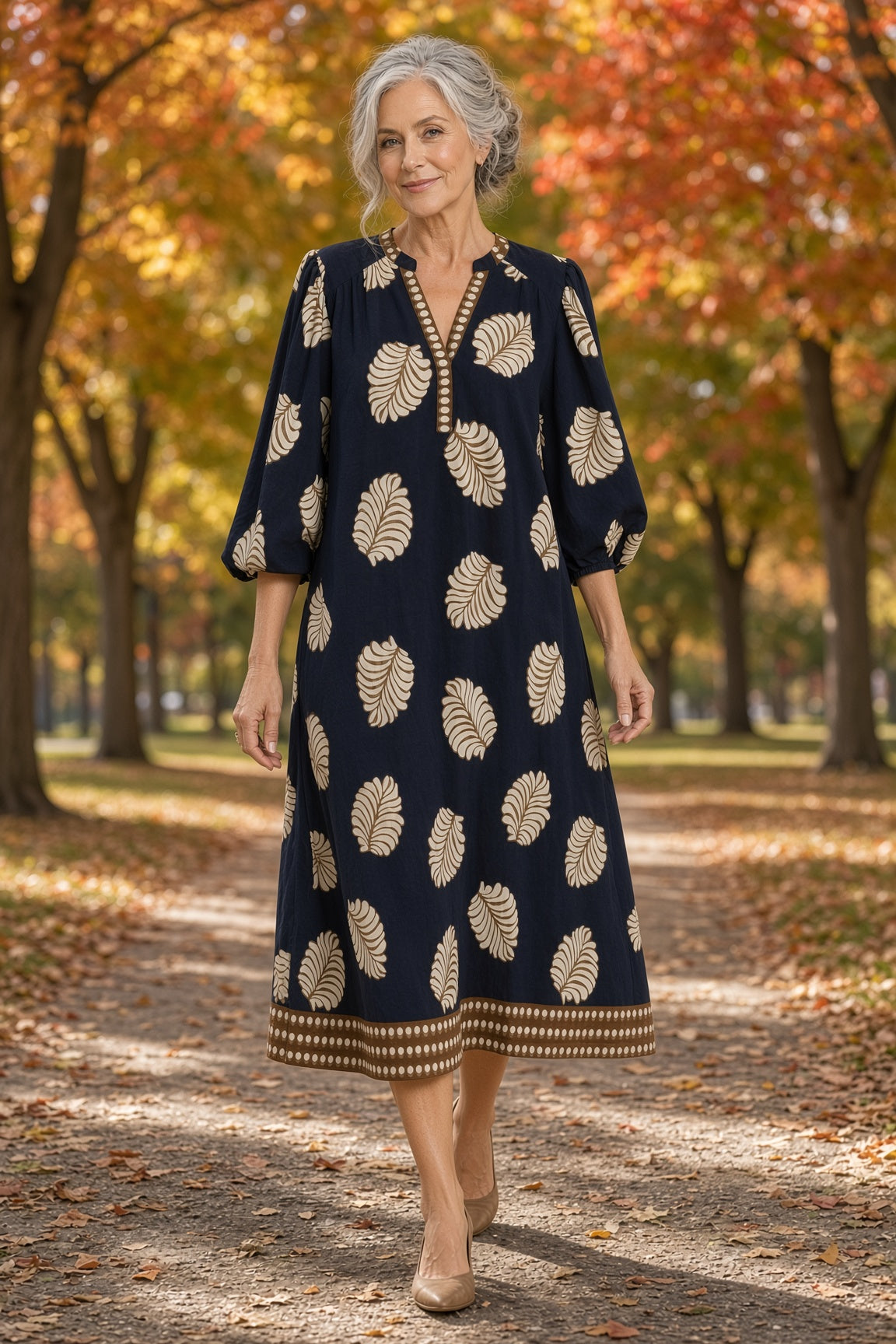 Umgee Mixed Leaf-Print Midi Dress – Navy Mix