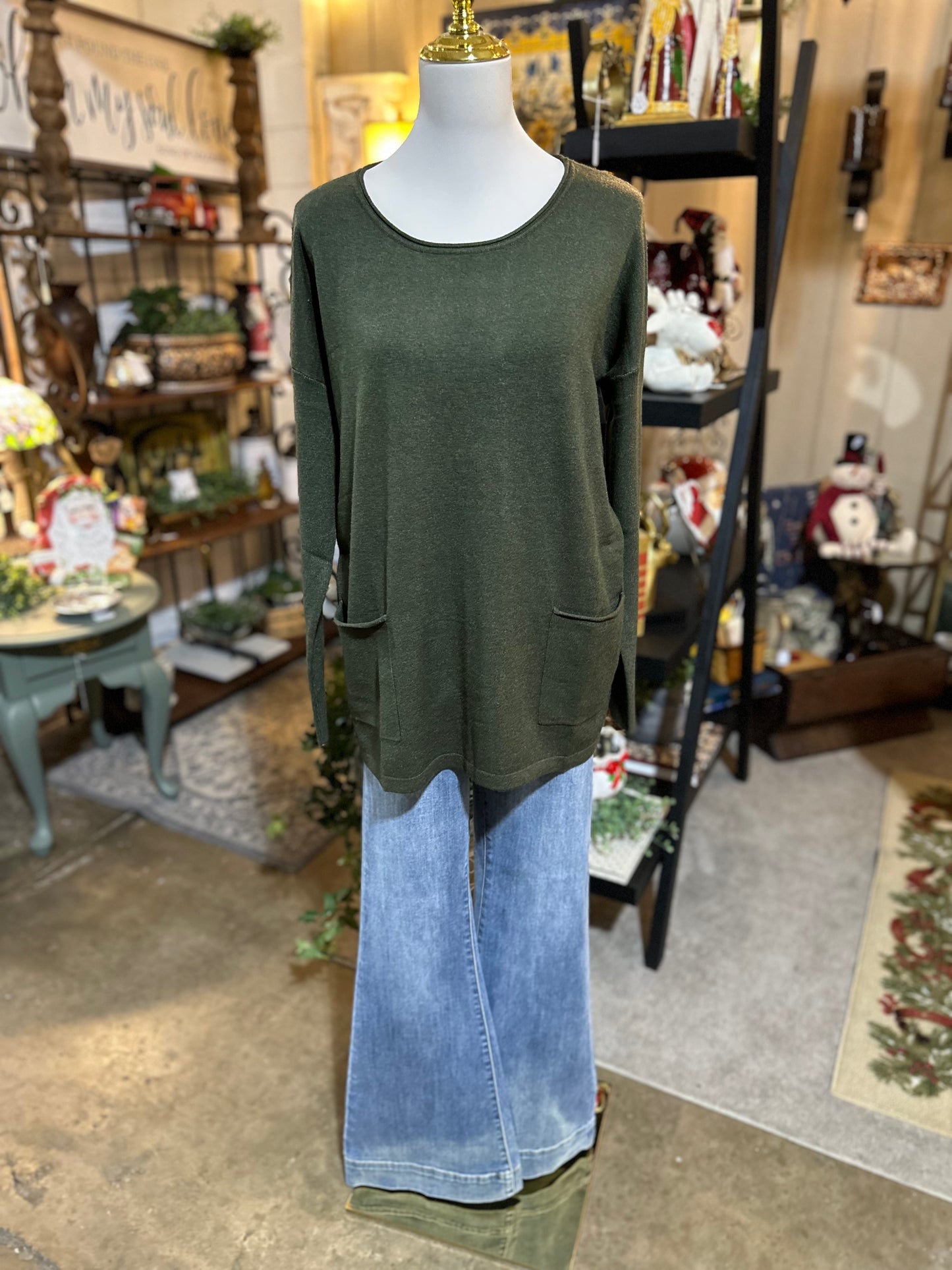 Zenana Front Pocket Sweater in Dark Olive