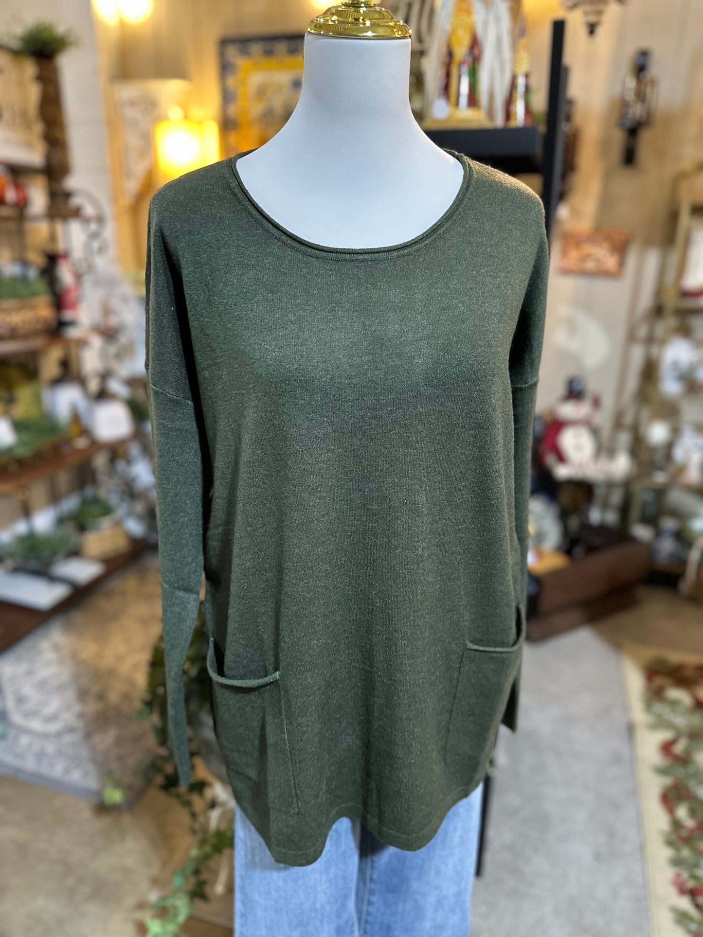 Zenana Front Pocket Sweater in Dark Olive