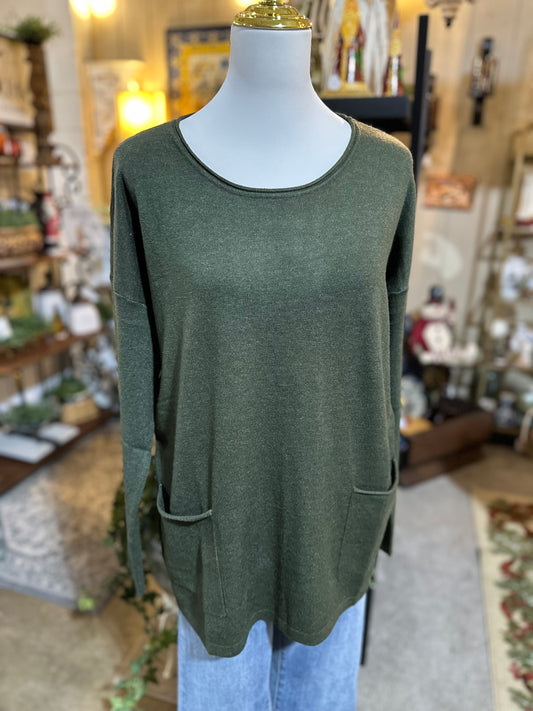 Zenana Front Pocket Sweater in Dark Olive