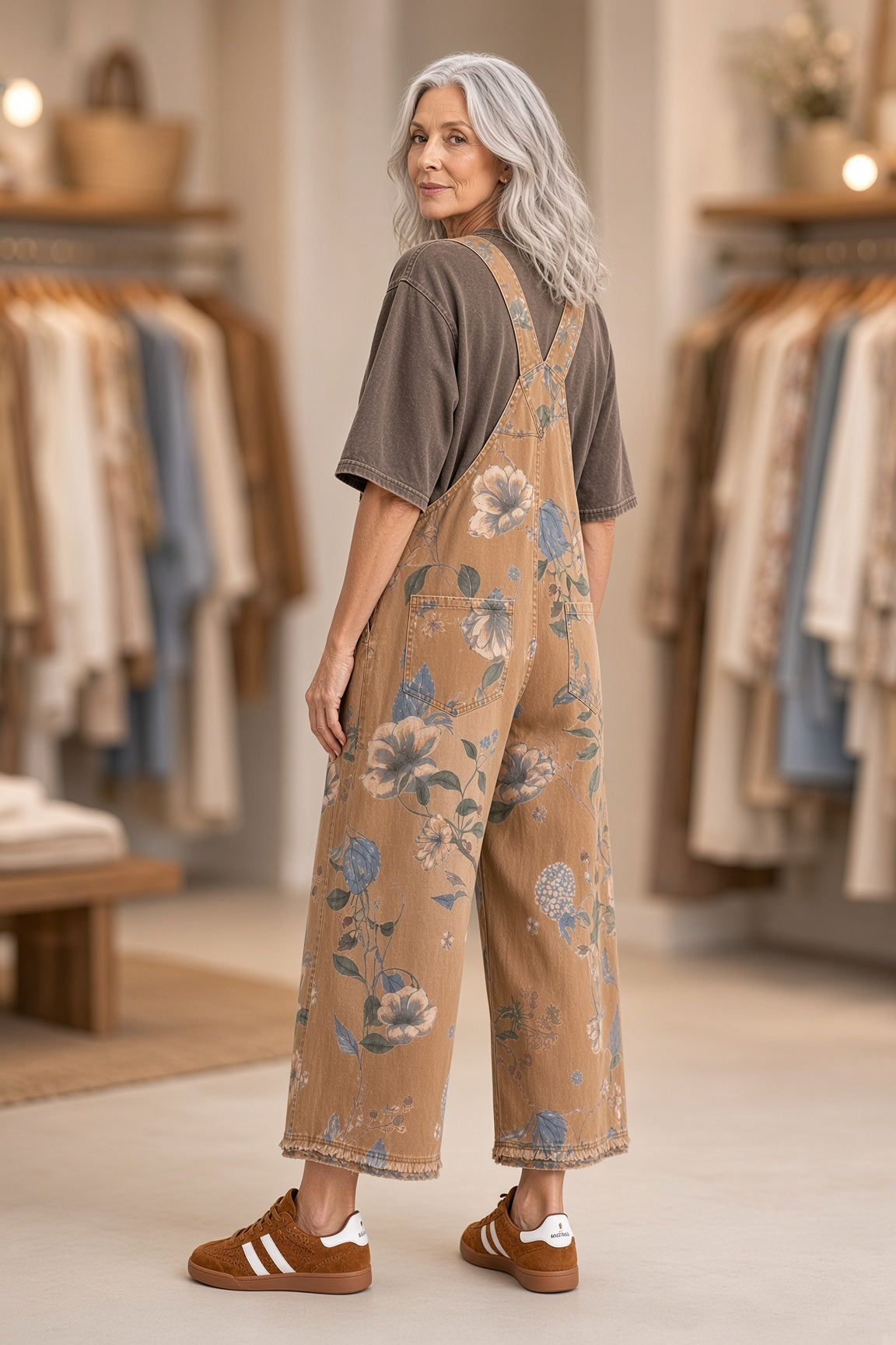 Easel Floral-Print Washed Denim Cropped Overalls – Mocha