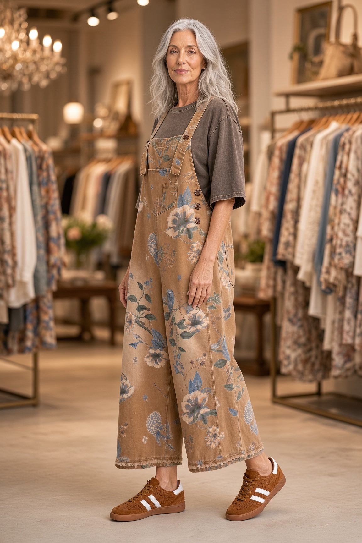 Easel Floral-Print Washed Denim Cropped Overalls – Mocha
