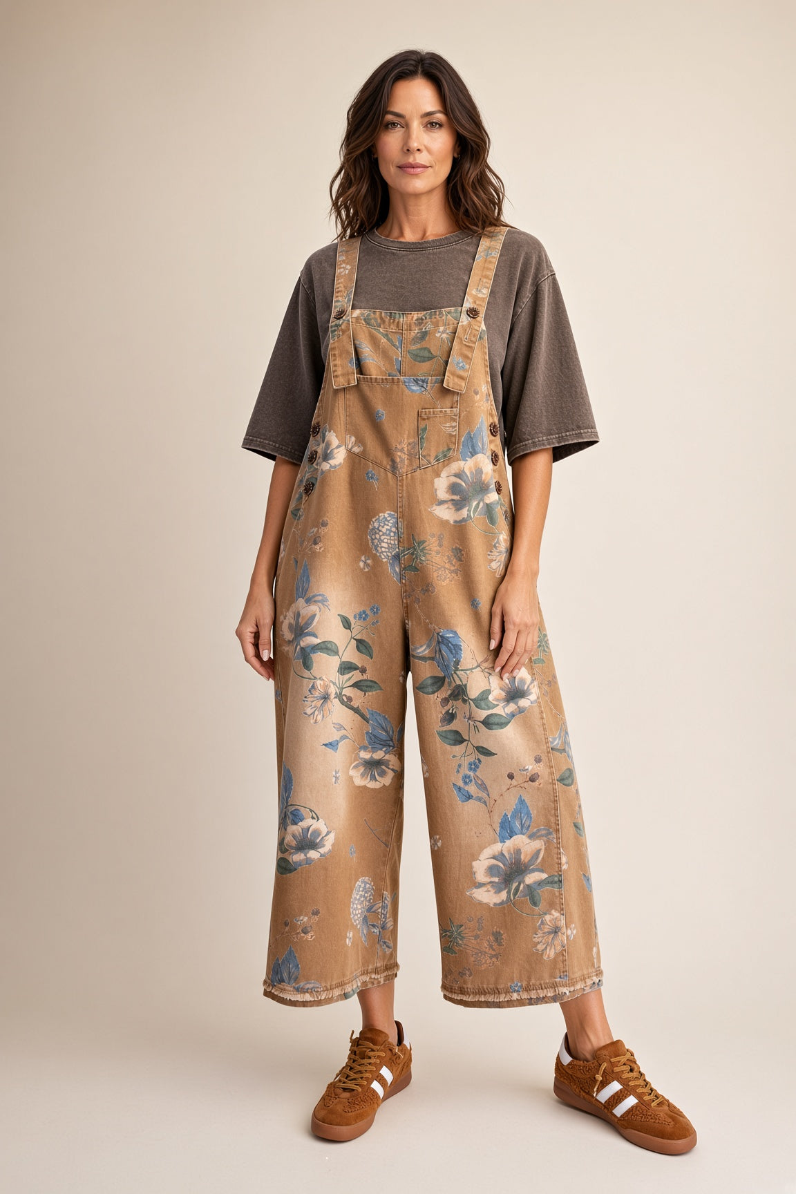 Easel Floral-Print Washed Denim Cropped Overalls – Mocha