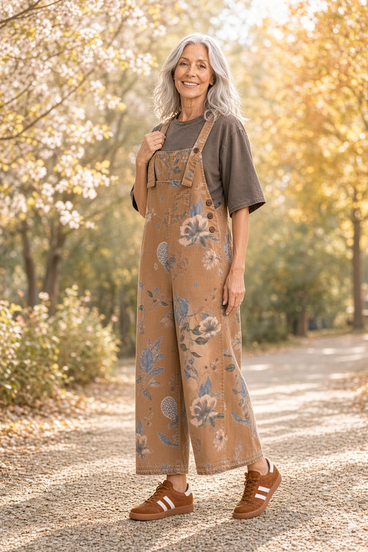 Easel Floral-Print Washed Denim Cropped Overalls – Mocha