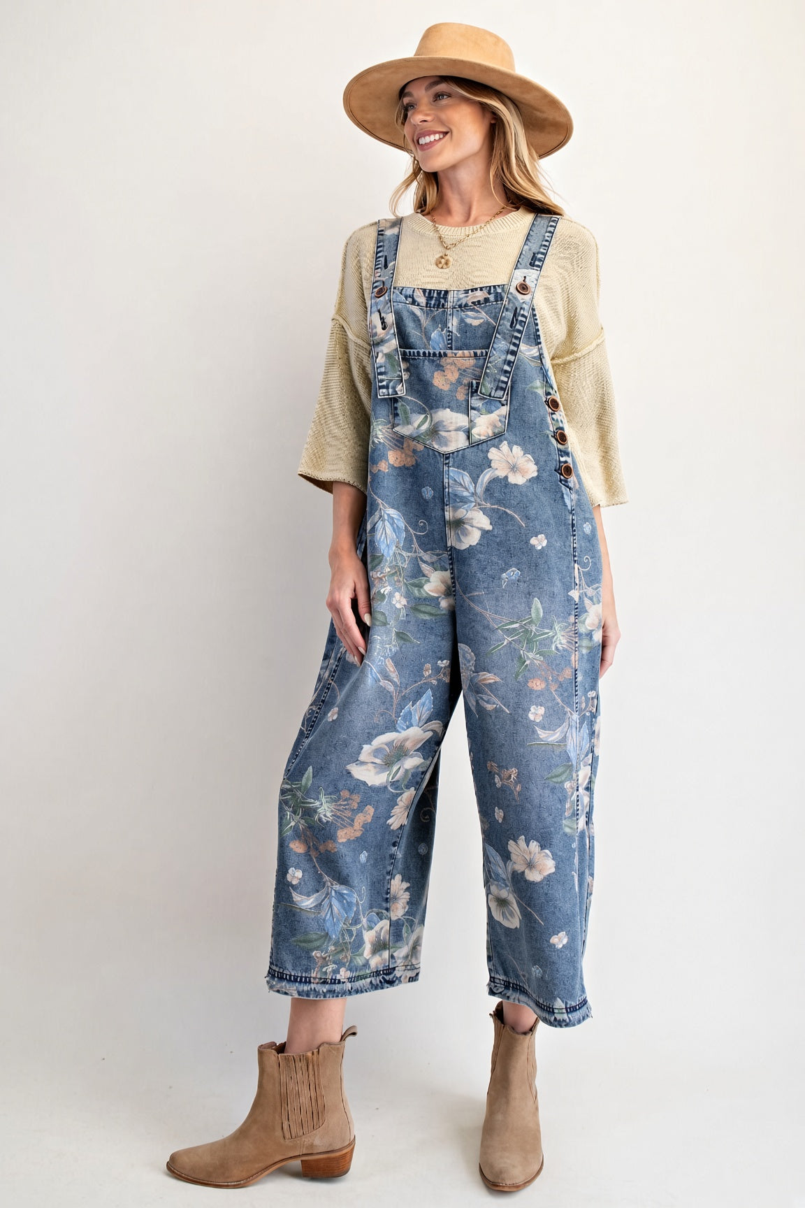 Easel Floral-Print Washed Denim Cropped Overalls – Washed Denim
