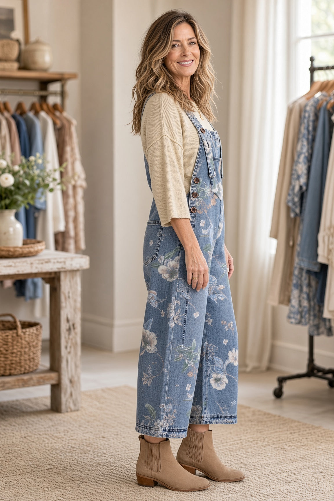 Easel Floral-Print Washed Denim Cropped Overalls – Washed Denim