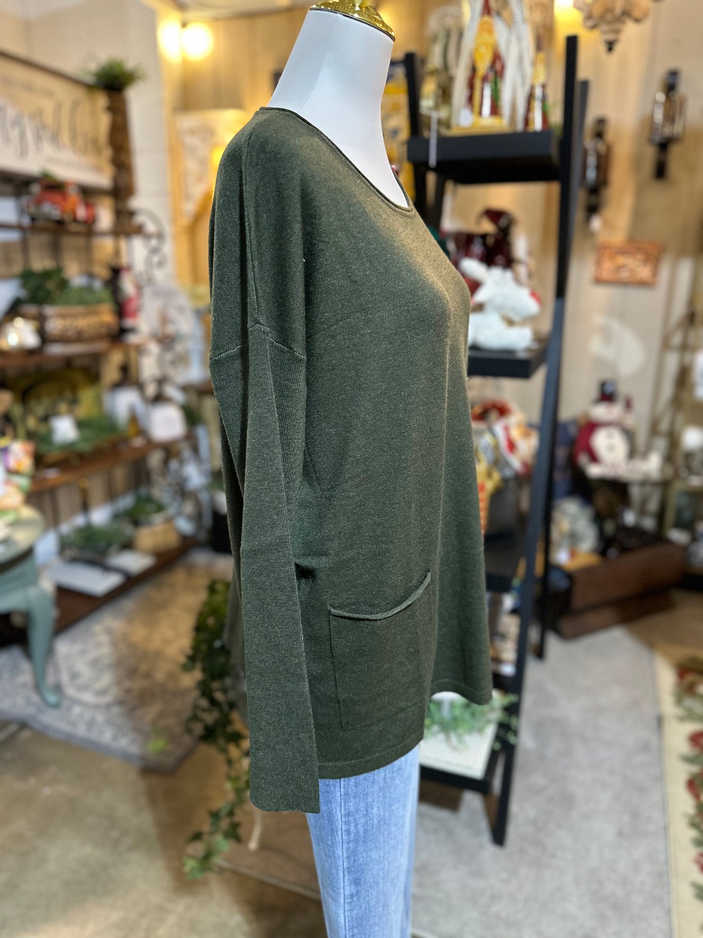 Zenana Front Pocket Sweater in Dark Olive