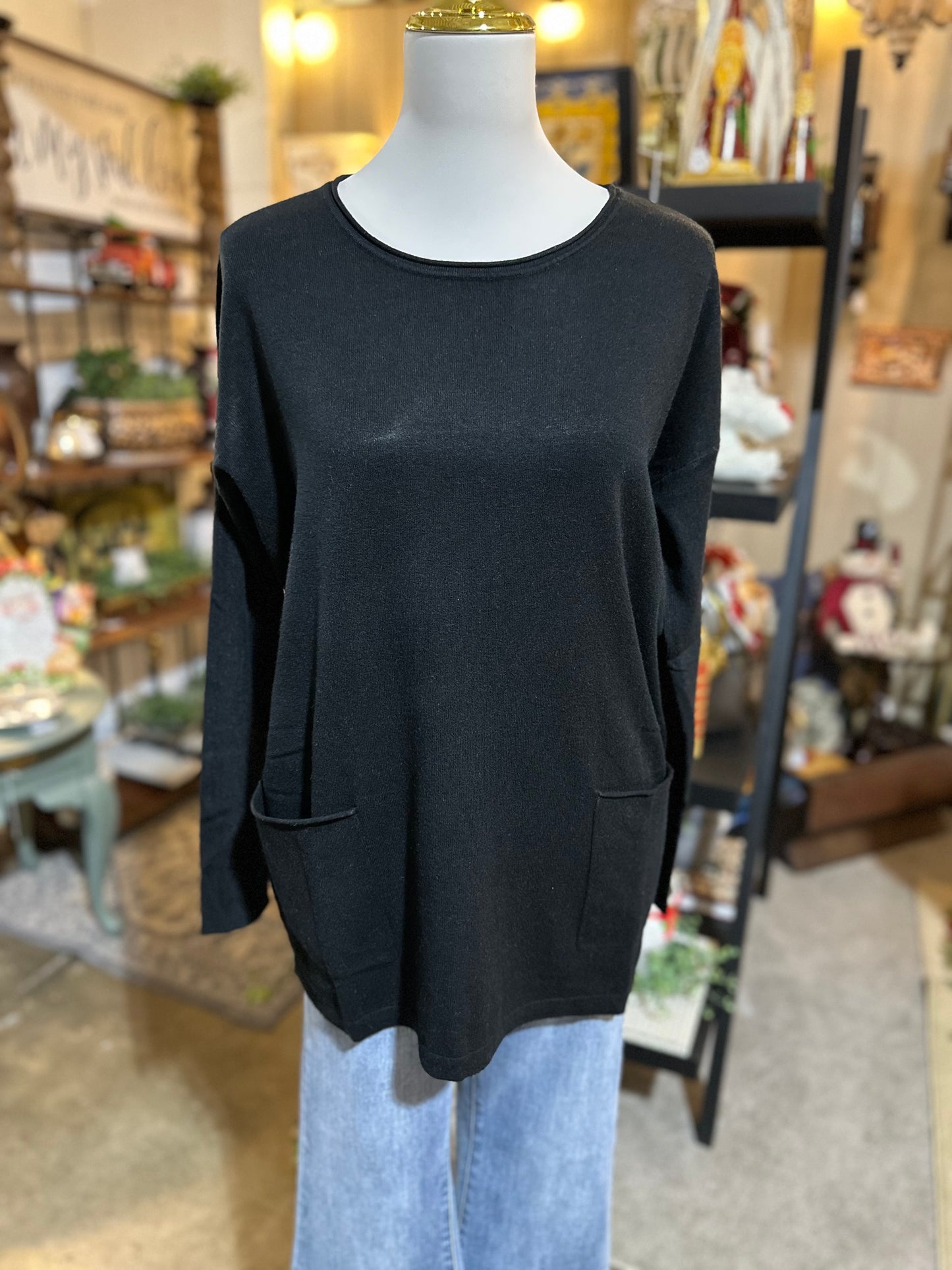 Zenana Front Pocket Sweater in Black