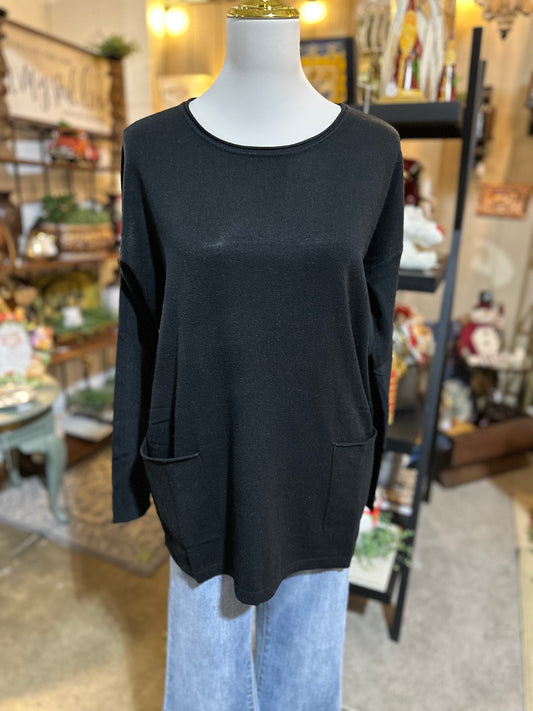 Zenana Front Pocket Sweater in Black