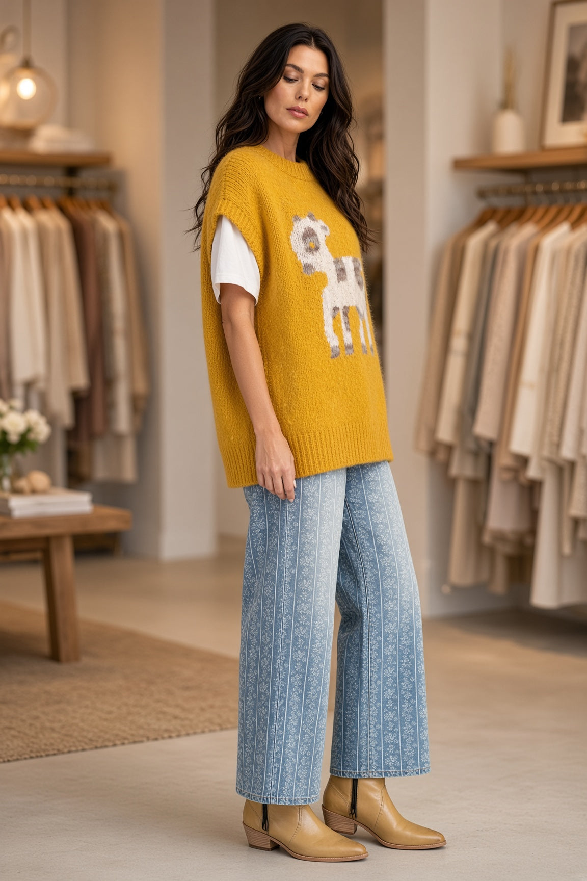 Easel Goat-Pattern Oversized Knit Sweater Vest – Mustard