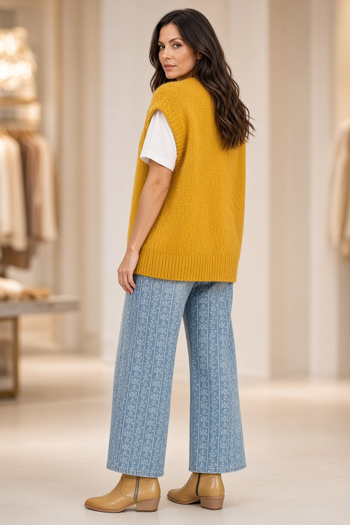 Easel Goat-Pattern Oversized Knit Sweater Vest – Mustard
