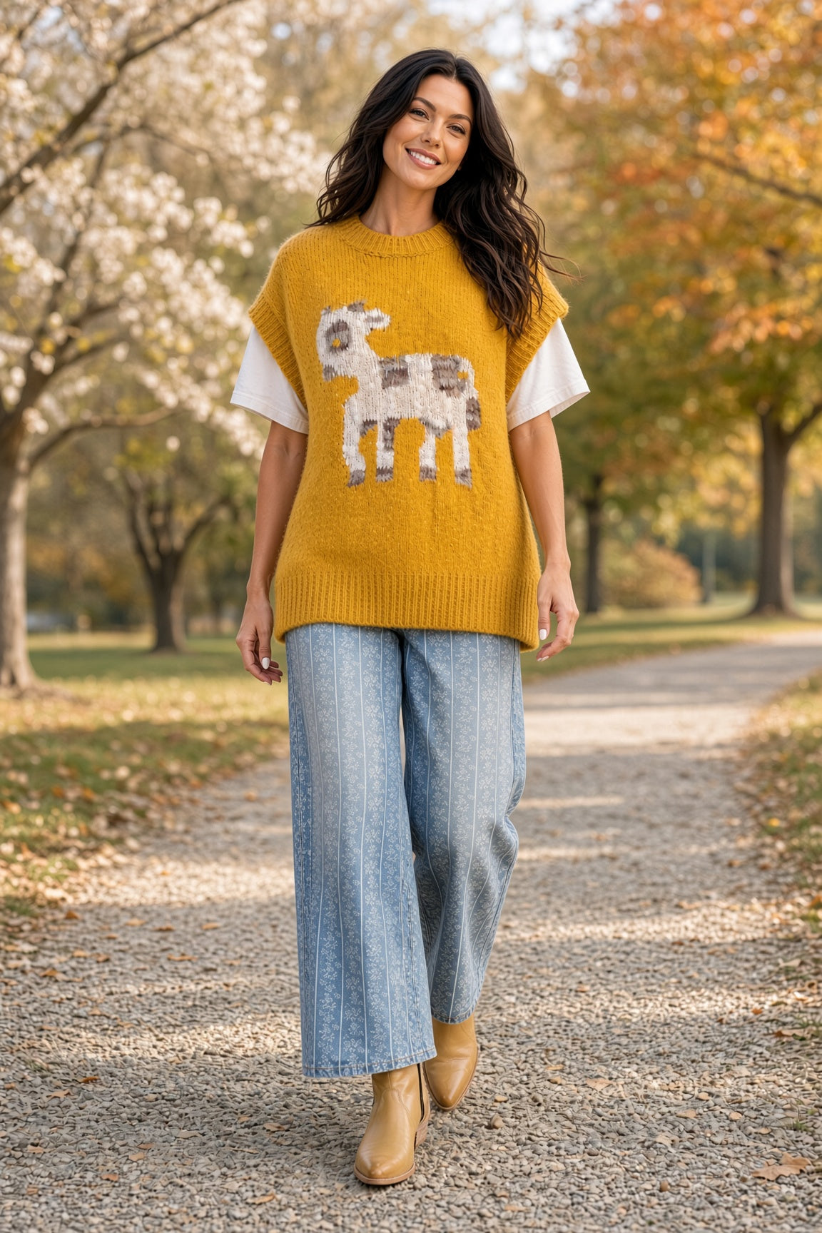 Easel Goat-Pattern Oversized Knit Sweater Vest – Mustard
