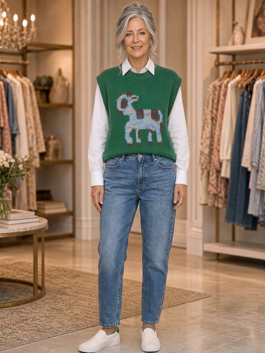 Easel Goat-Pattern Oversized Knit Sweater Vest – Green