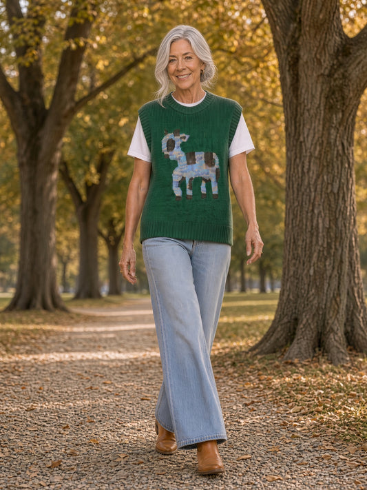 Easel Goat-Pattern Oversized Knit Sweater Vest – Green