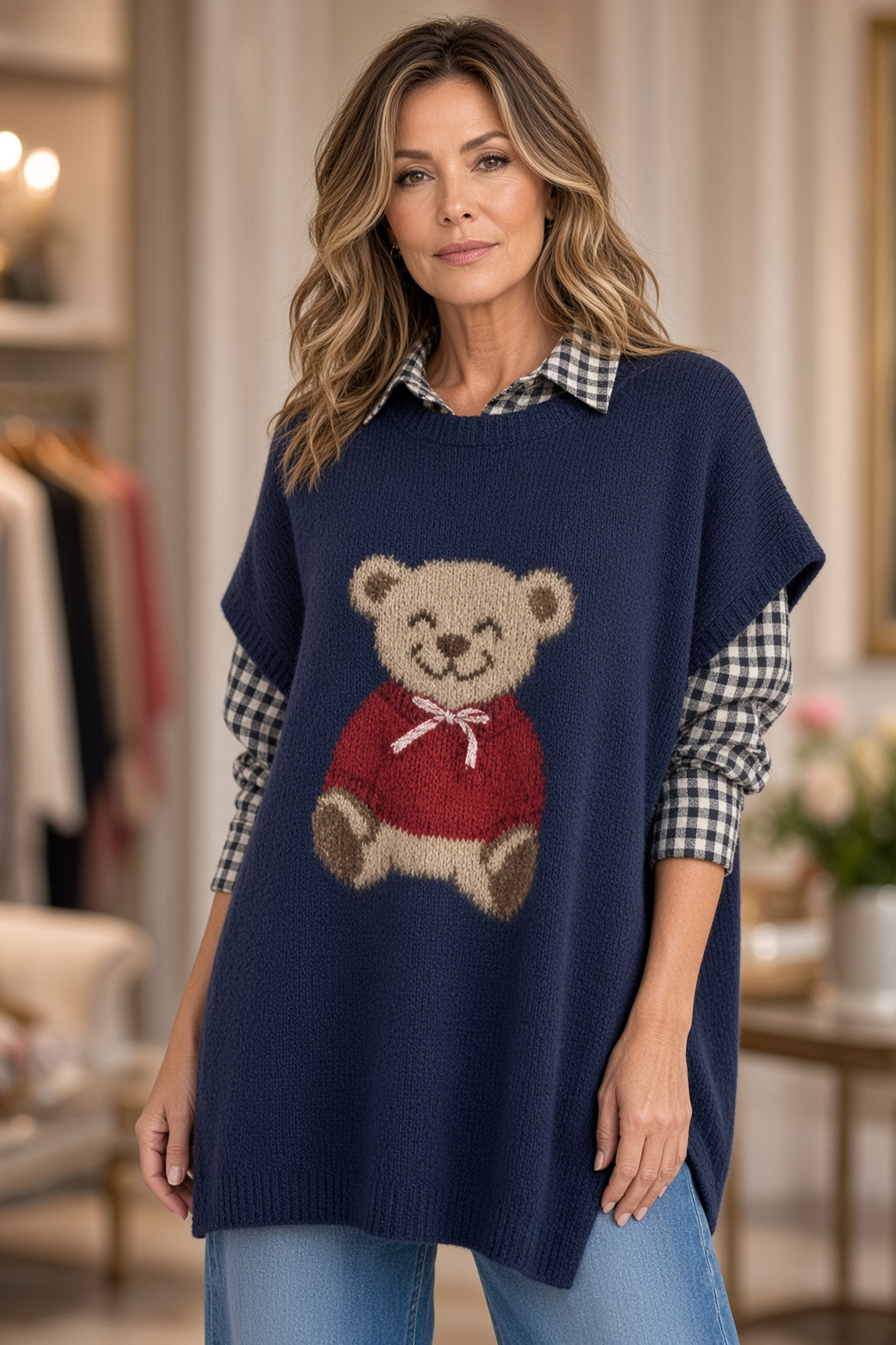 Easel Teddy Bear Oversized Knit Sweater Vest – Blueberry