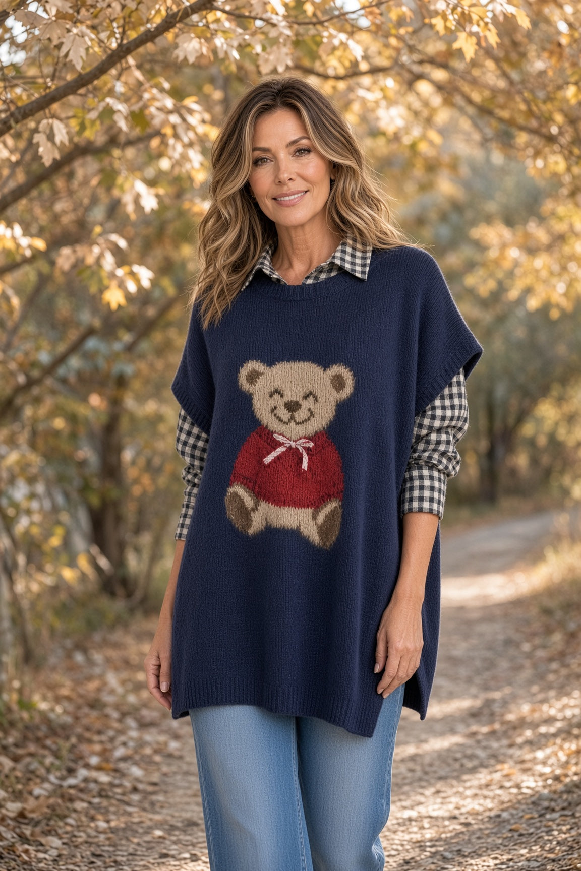 Easel Teddy Bear Oversized Knit Sweater Vest – Blueberry