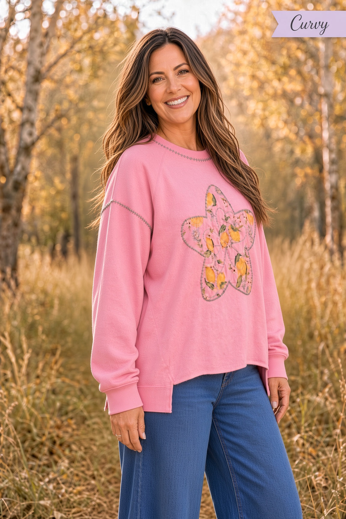 Easel Plus Star-Patch Mineral-Washed Terry Pullover – Pink Freesia